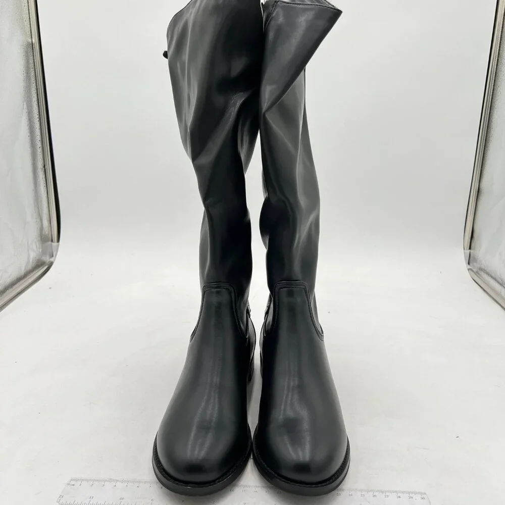 Black Women Regular Round Toe Riding Knee High Boots Wide Calf Back Zipper Shoe